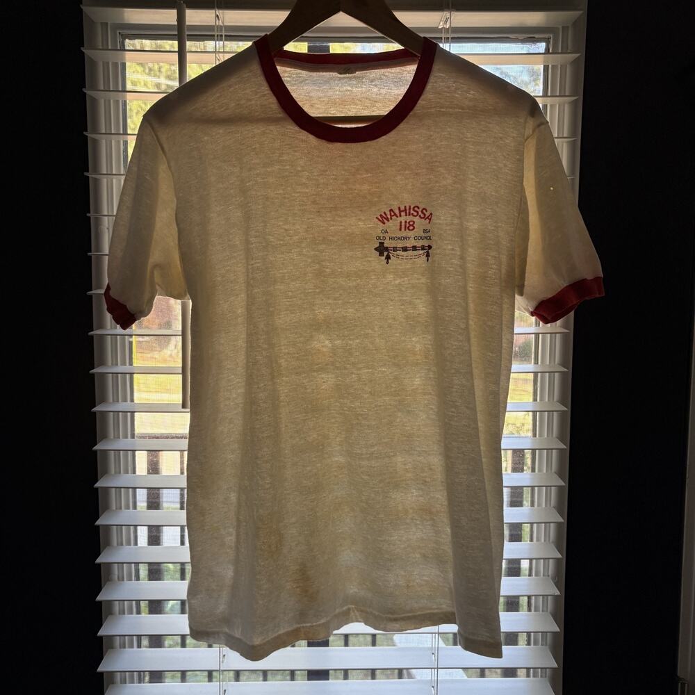 Vintage Paper Thin Burnout Ringer T-Shirt Men's Size L 1970s DISTRESSED BSA